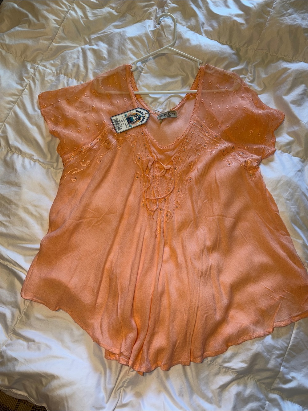 Embroidered Peach V-Neck Women's Blouse with Tie Front